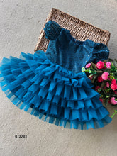 Load image into Gallery viewer, BT2203 Teal Sparkle Ruffle Dress: A Party-Ready Look for Little Stars ✨👗
