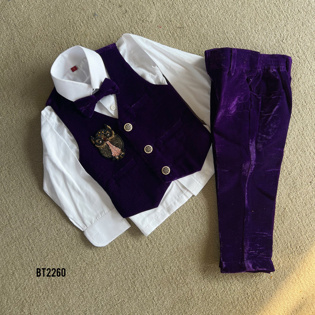 BT2260 🎩🦉 Dapper Owl Charm – Classic Velvet Suit for Little Gentlemen ✨
