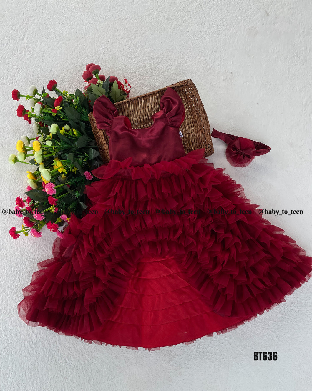 BT636 Crimson Ruffle Gala Dress – A Celebration of Classic Charm