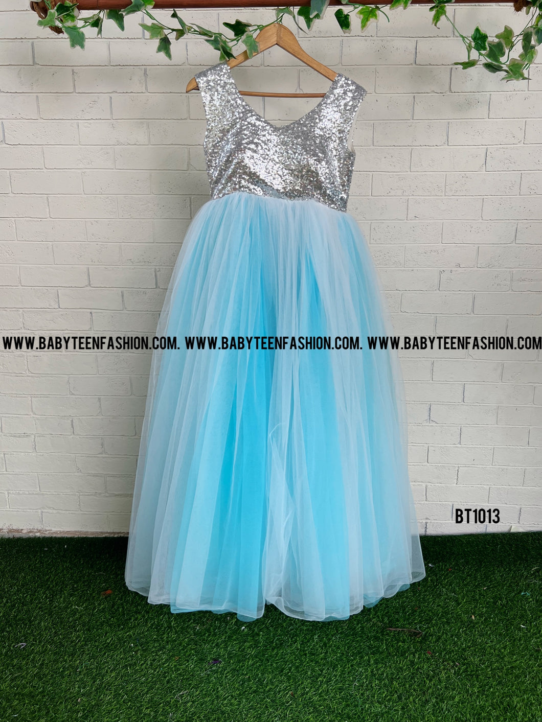 BT1013M Bling Adult Size Blue and White Dual Color One Shoulder Gown With Flower Highlight